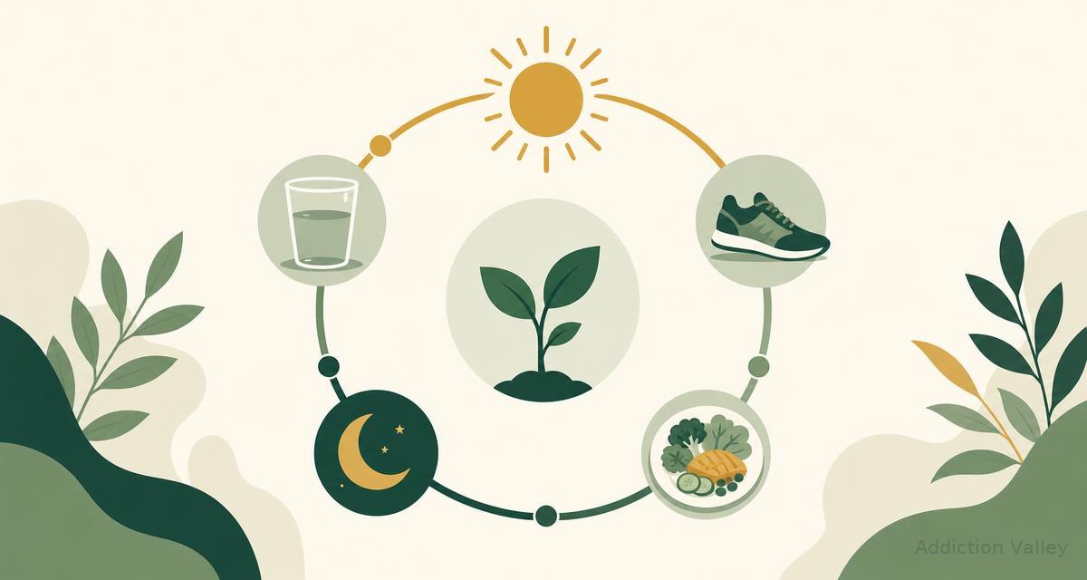 Addiction Valley illustration of a daily routine cycle with sun, moon, water, exercise and nutrition symbols around a growing sprout