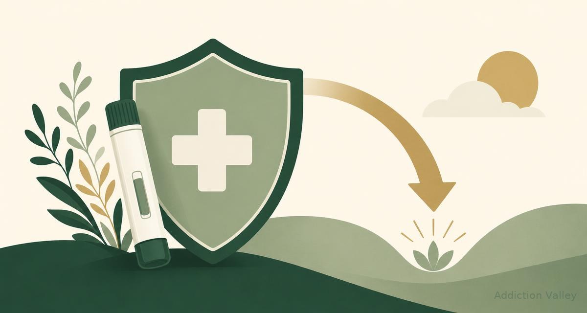 Addiction Valley illustration of a protective shield, first aid cross and naloxone pen, representing harm reduction for drug and alcohol use