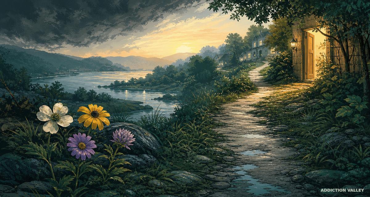 A lit doorway and riverside path symbolizing Jennifer Tuerke’s return to recovery